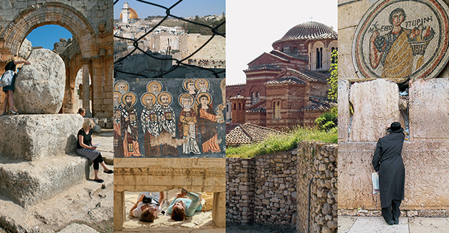 Picture collage of religious places, including Rome and Jerusalem, and early christian mosaics. 