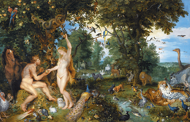 Adam og Eva i paradis. Maleri av Jan Brueghel de Oude 