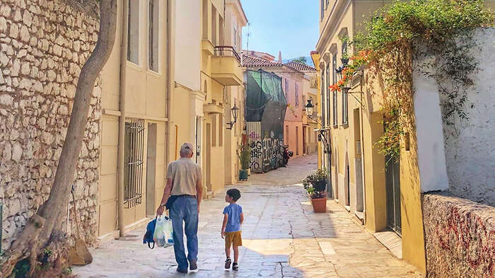 grandfather, boy, walking, neighborhood. Photo