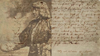 Handwriting and a portrait of Sarah Bernhardt as Hamlet. Picture