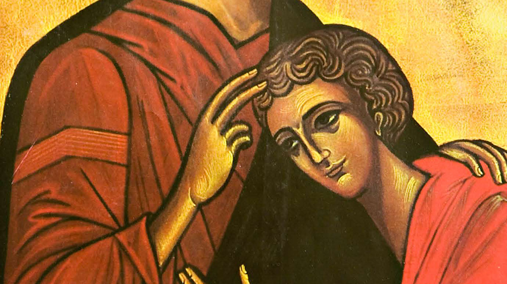 Utsnitt av ikon hvor Yndlingsdisippelen hviler ved Jesu bryst.