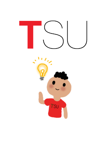 Teologisk Studentutvalgs logo (TSU), hvor bokstaven T er fetere enn bokstavene S og U, og fremhevet ved hjelp av rød skrift. Under logoen er det en illustrasjon av en person med rød t-skjorte med print av TSU-logoen. Personen smiler og løfter en arm for å vise at hen har en idé. Over personen er det en lyspære.
