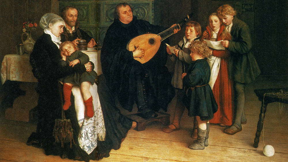 Maleri som viser Luther som spiller på en lutt med familien rundt seg mens de synger.